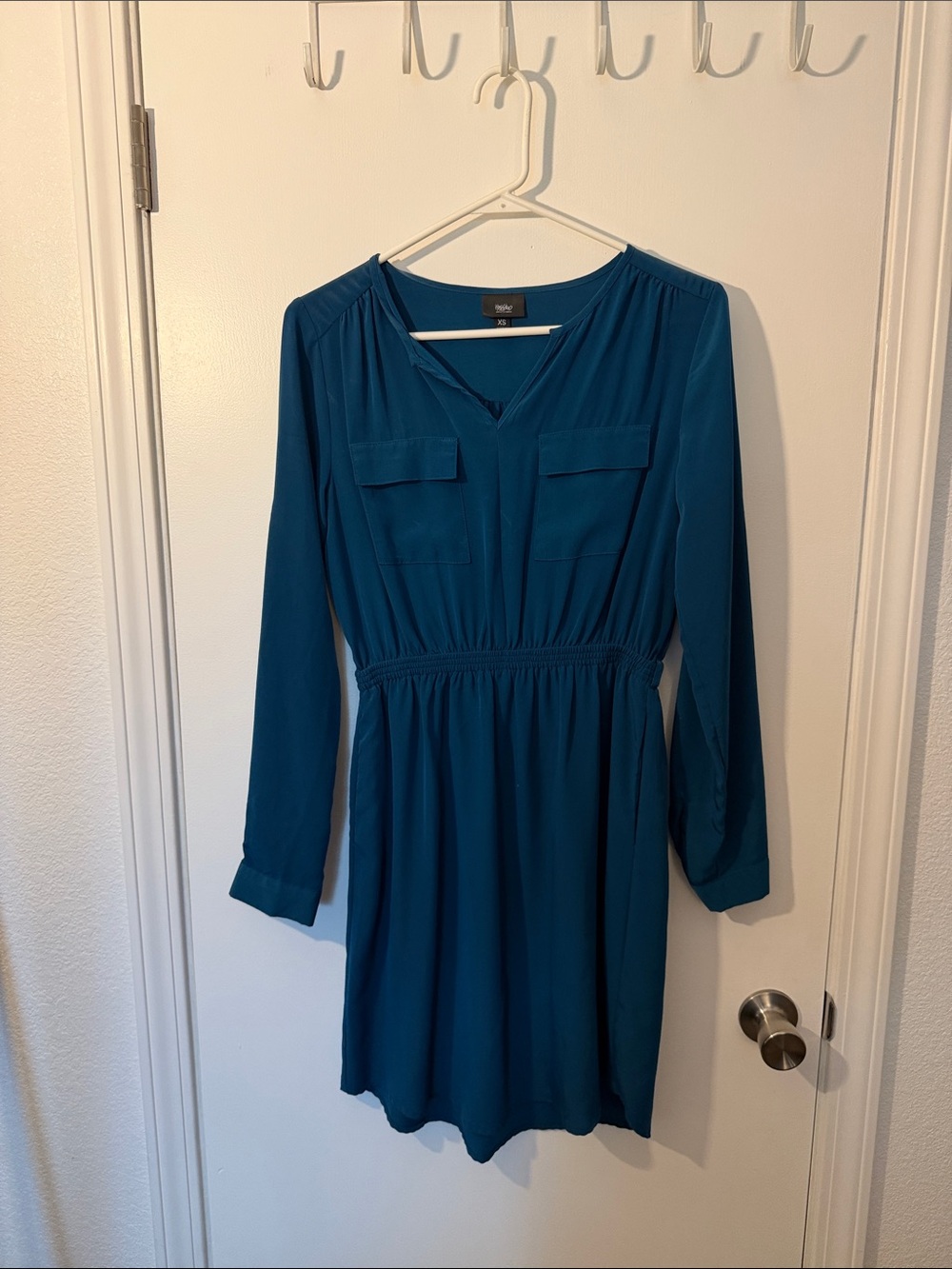 Teal Long Sleeve V-Neck Casual Dress
